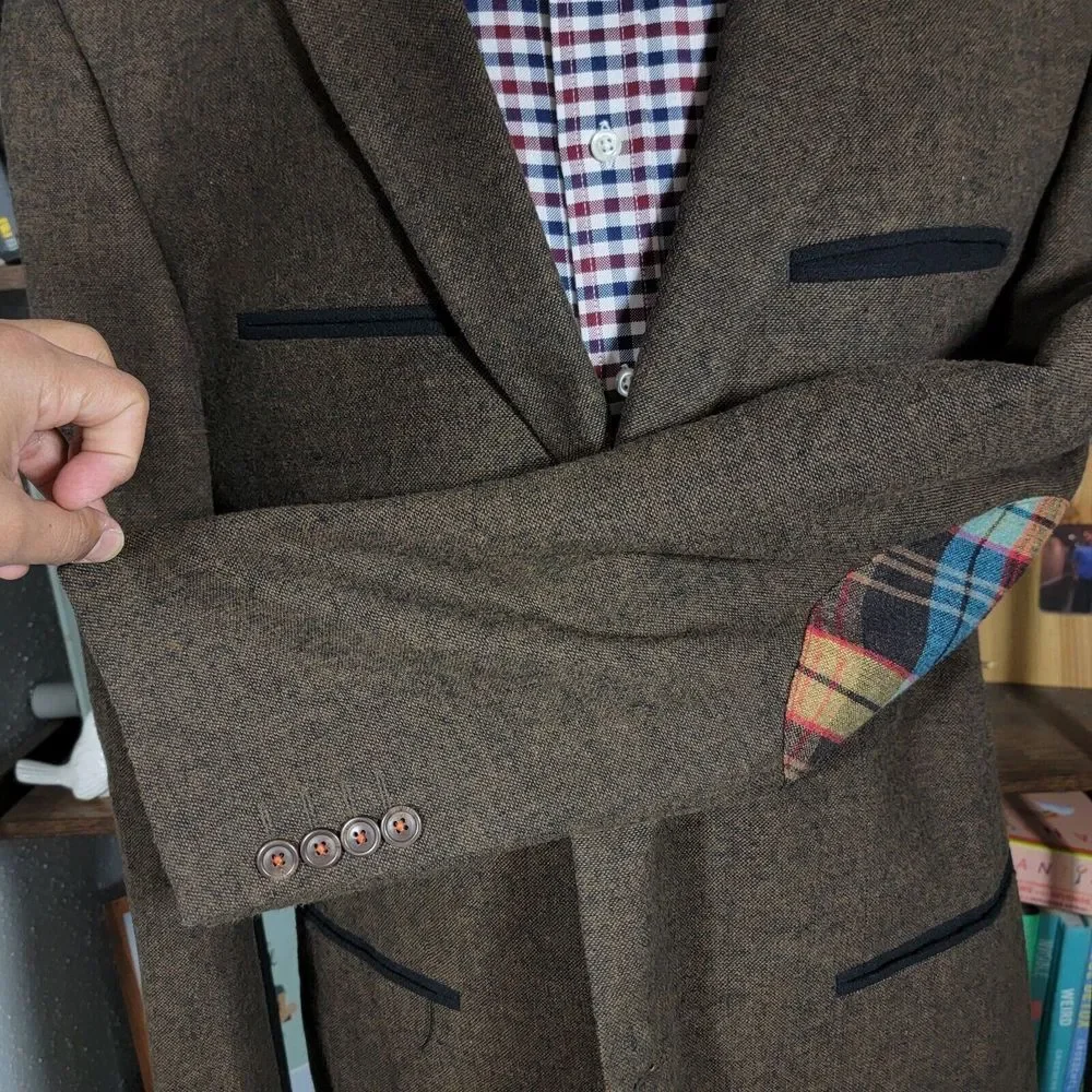 Bruno Conte Don Jonathan Men's Flannel Sport Coat Blazer‎ Two Button Brown XL